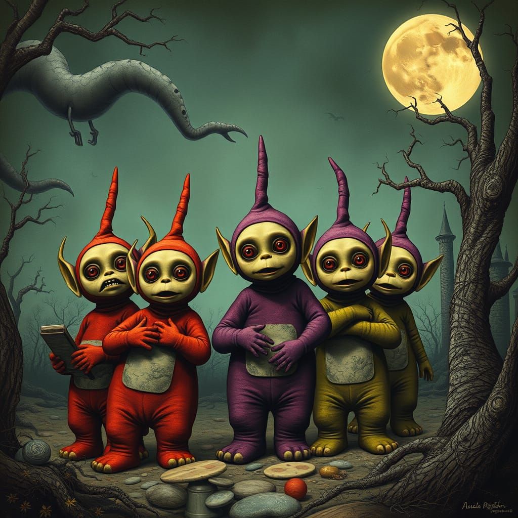 Surreal Vampire Teletubbies in a Dark, Whimsical Nightmare