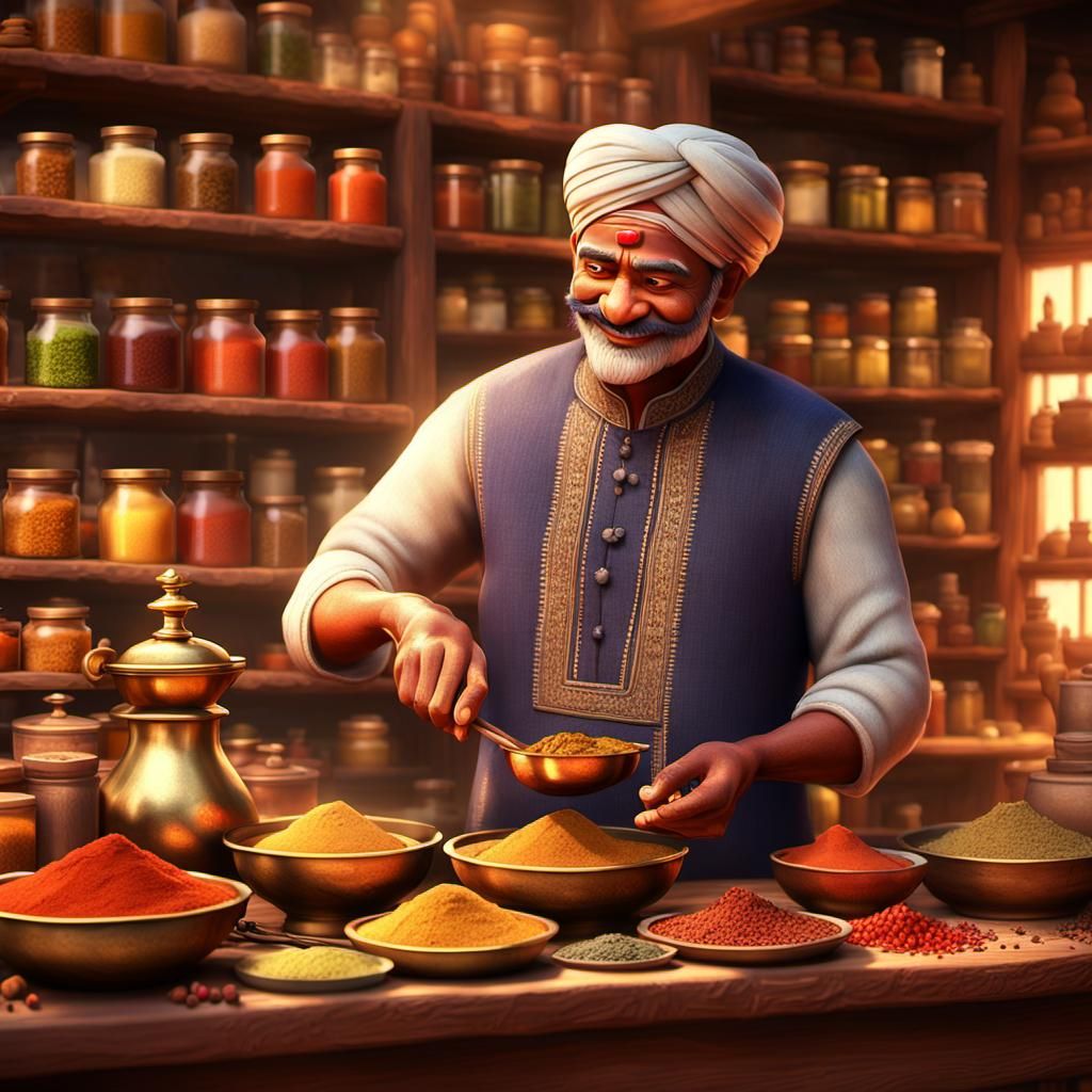 Traditional Spice Merchant in Vibrant 3D Digital Art