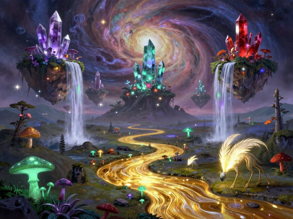 Surreal Crystal Landscape with Nebula Sky and Alien Creature...