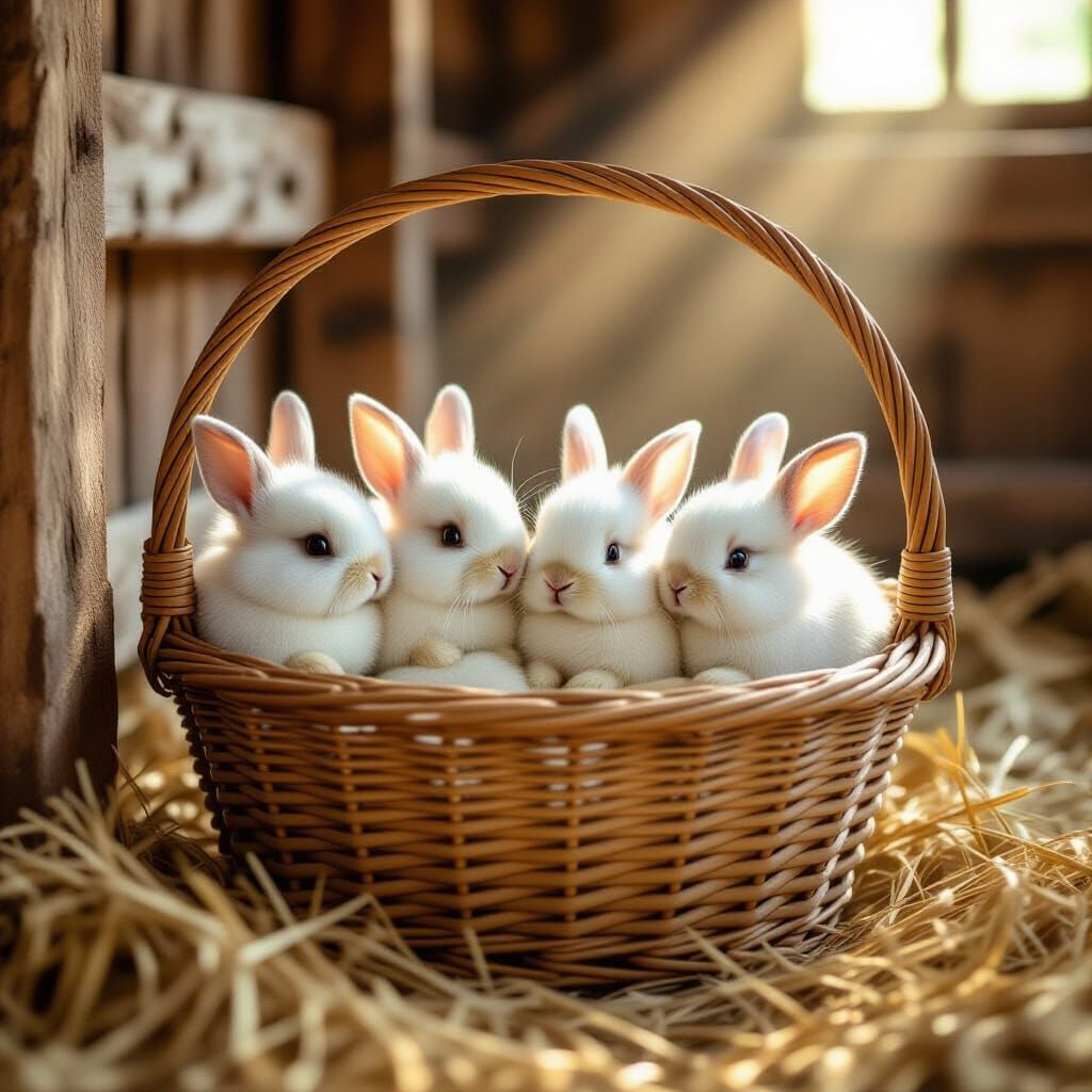 Four Cute Pearl White Baby Rabbits in a Barn Basket