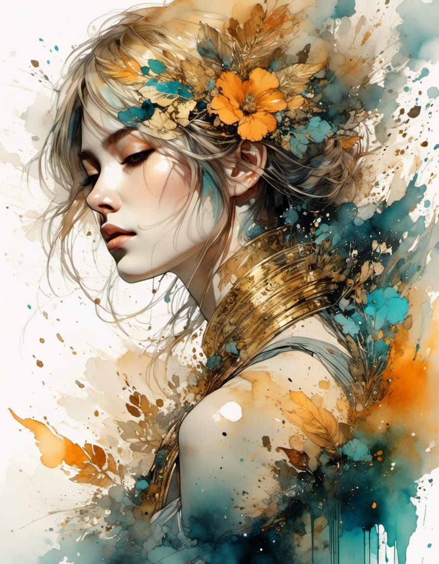 Gold Marbled Anime Garden in Watercolor Style