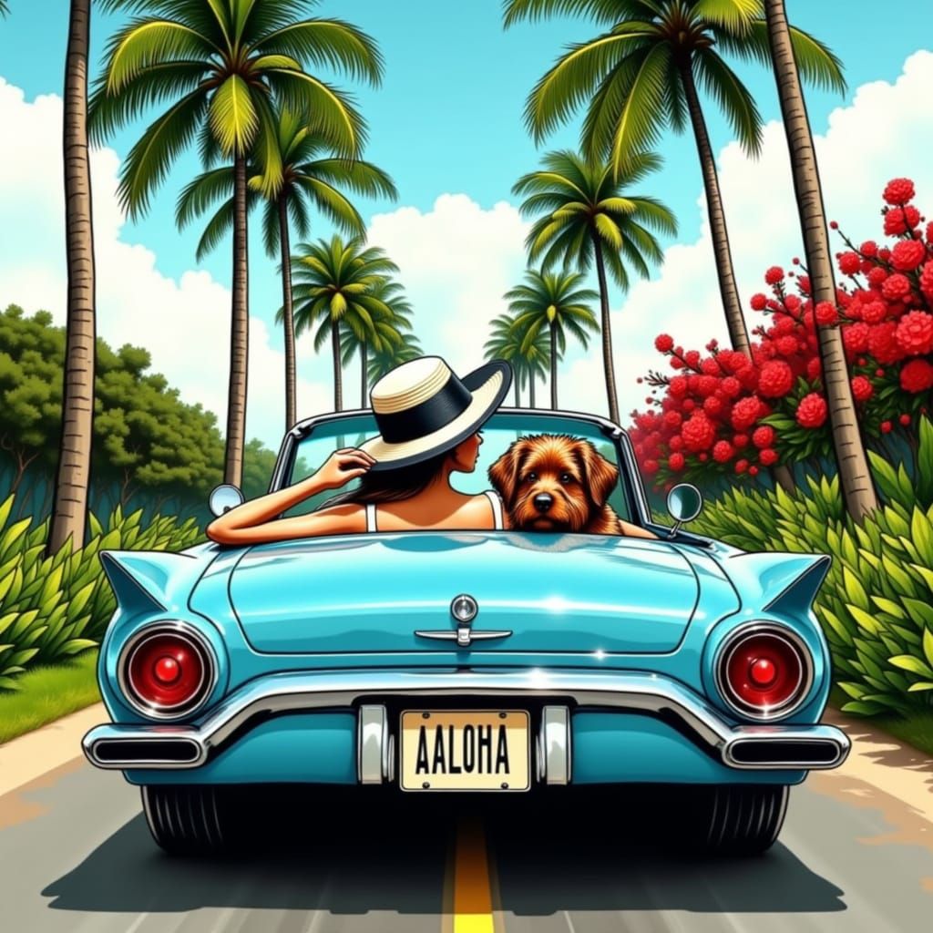 Woman Drives Convertible in Tropical Paradise, Neo-Tradition...