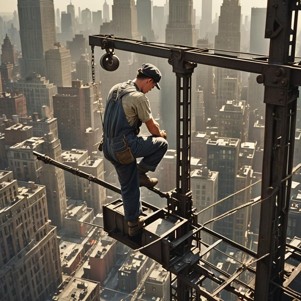 Worker on Crane Above 1930s New York City