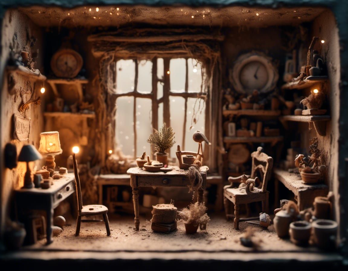 Dollhouse Miniature in Empty Room with Soft Lighting