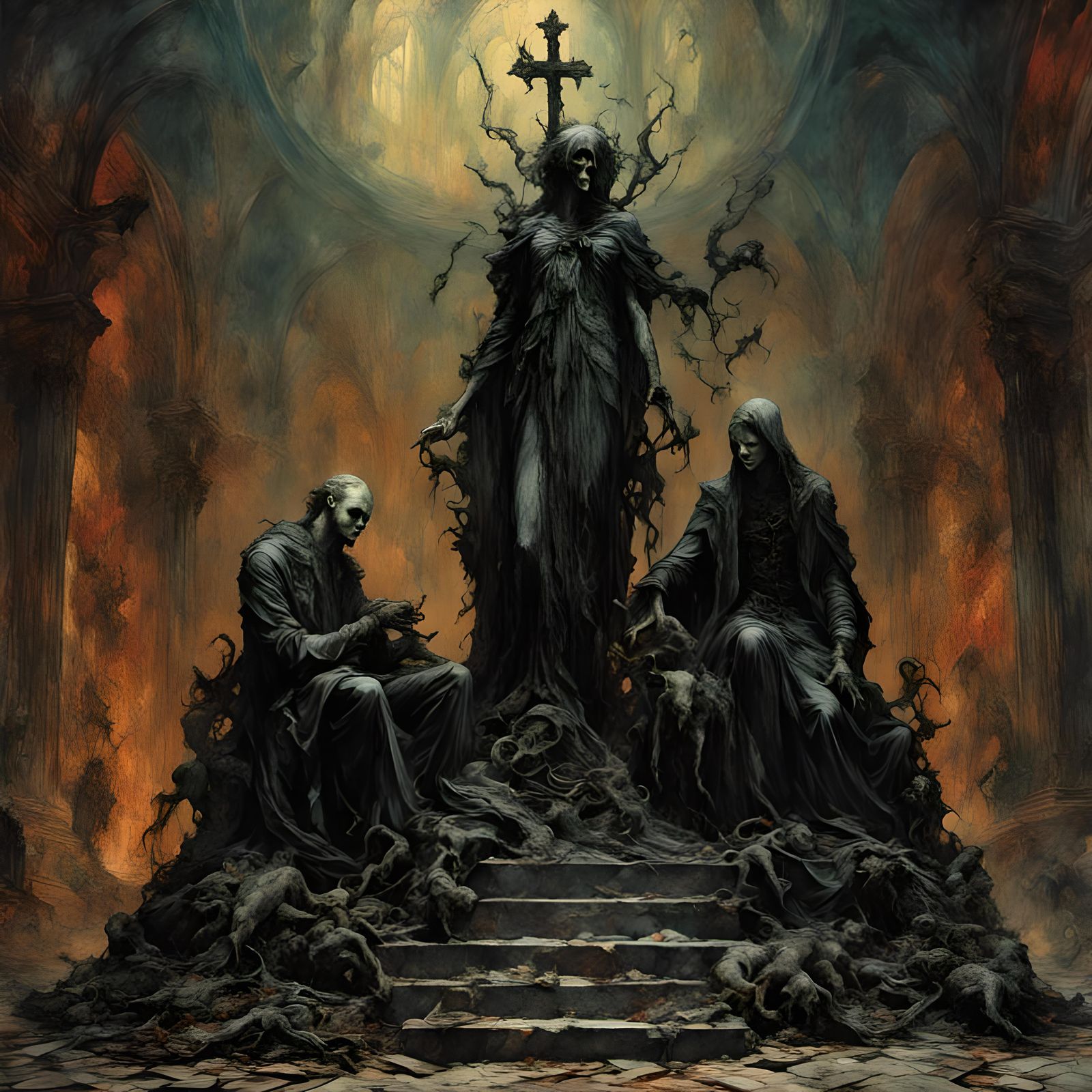 Broken Angel and Devil Statues in Ruined Church