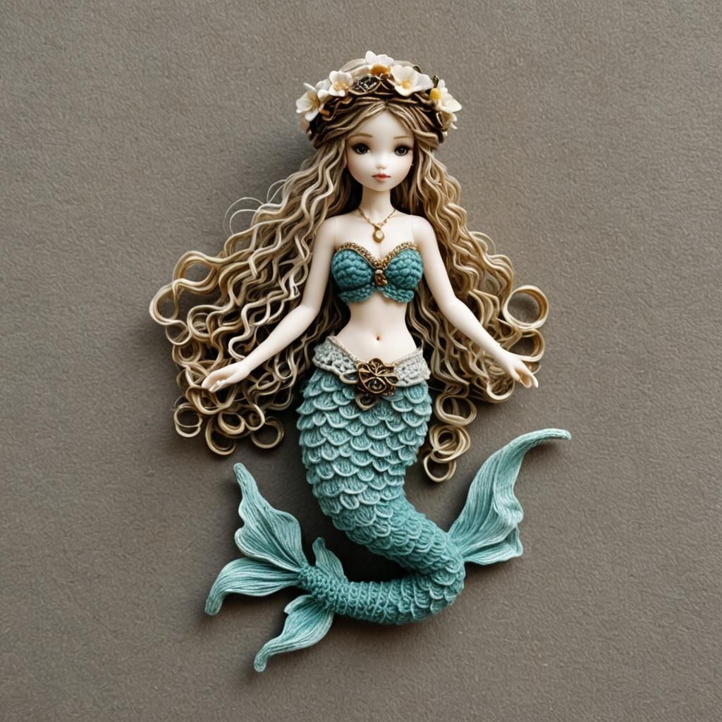 Crocheted Mermaid Figurine in Arthur Rackham Style