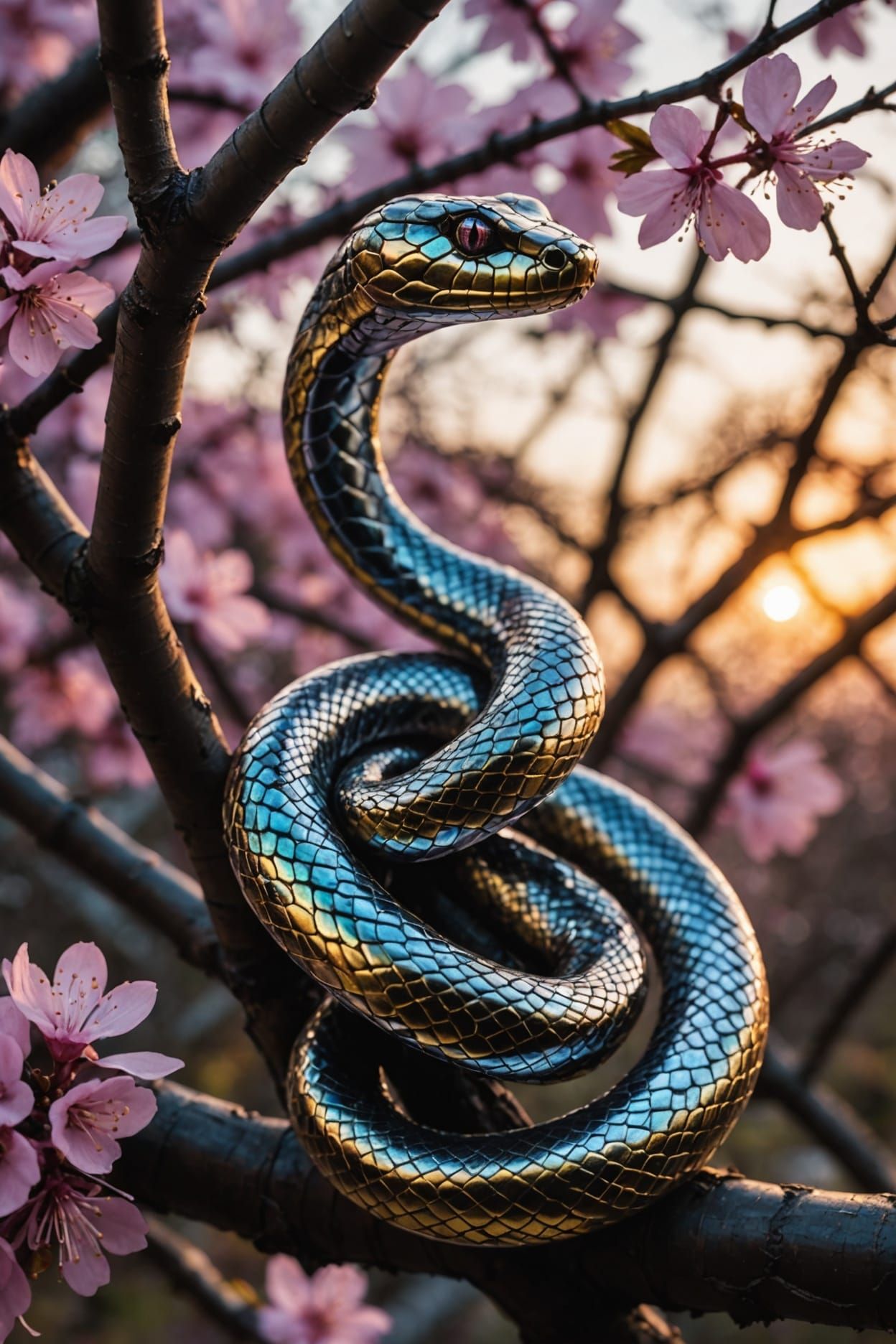 Chrome Gold Snake Coiled Around Sakura Tree
