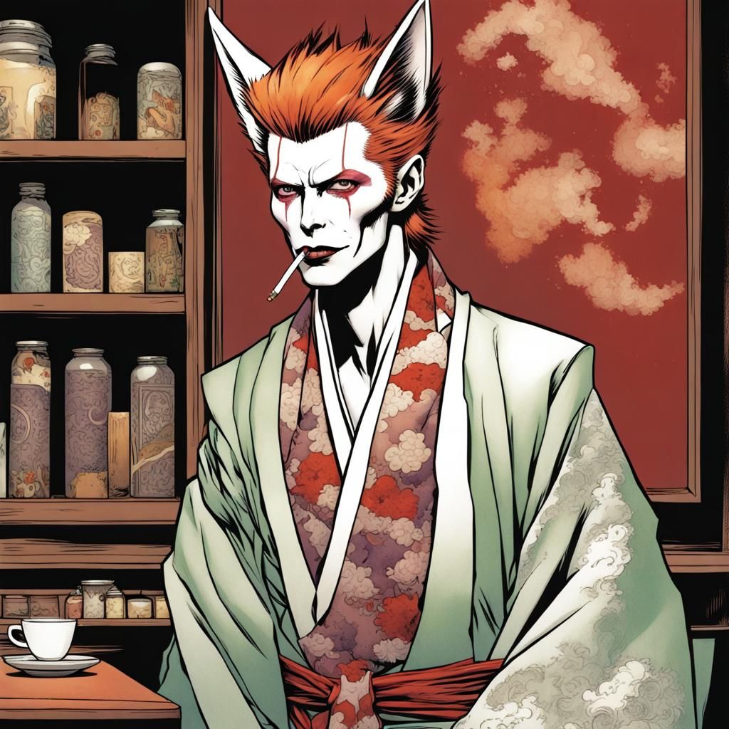 David Bowie as a kitsune fox man with ears in kimono, a cafe with a cigarette in his mouth, david bowie as the joker, po...