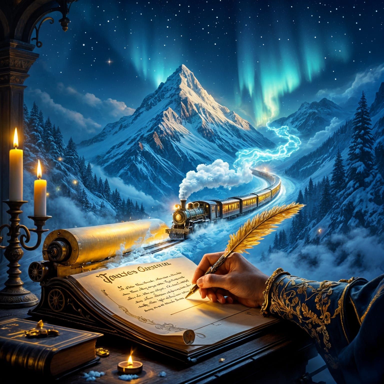 Fantasy Writer's Desk with Magical Mountain Scene