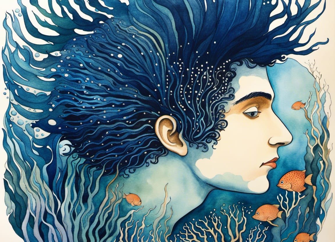 Monochromatic Merman in Art Nouveau Style