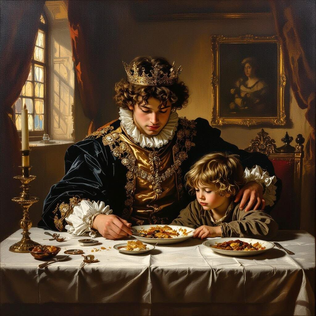 Prince Shares Food with Child in Opulent Palace