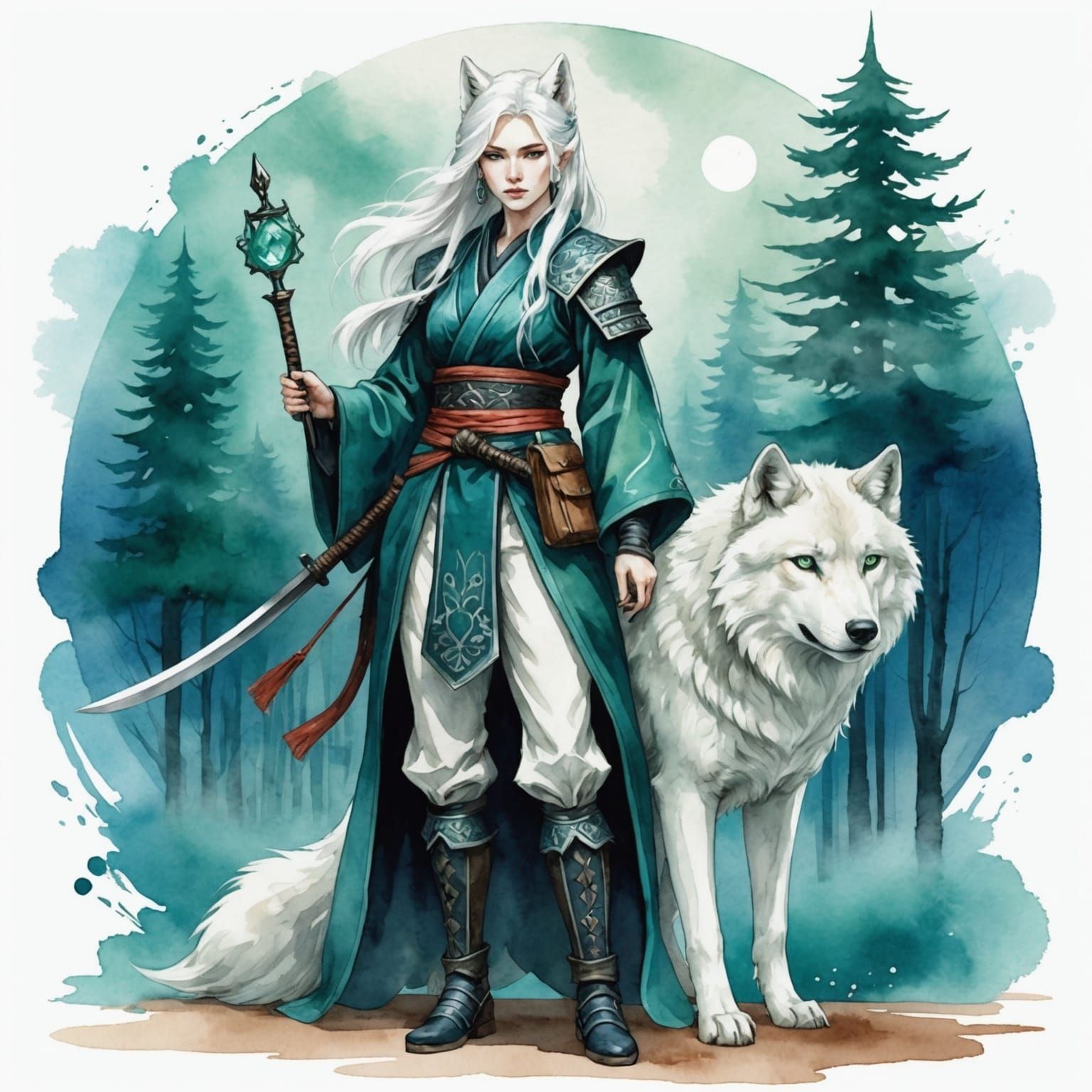 Wolf Samurai Woman in Watercolor Style