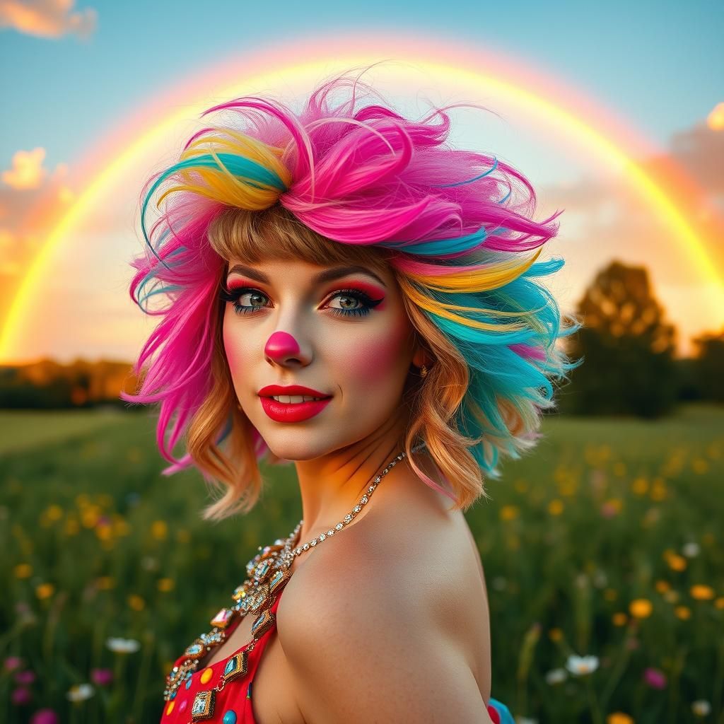 Rainbow Clown in Meadow, Cinematic Film Style