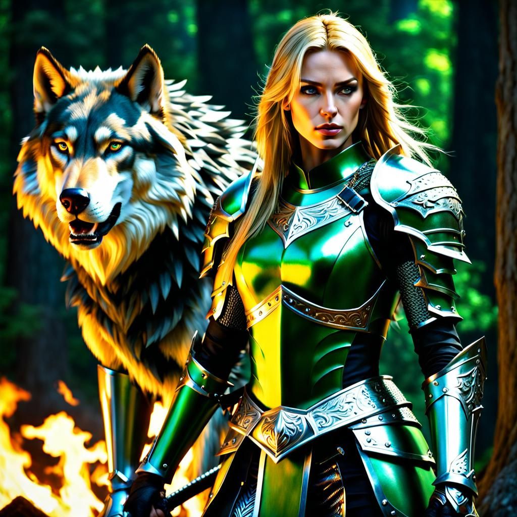 Young Female Knight in Green Armor with Wolf