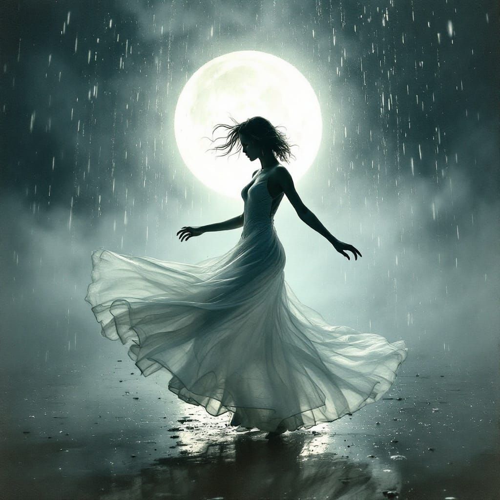 Ethereal Moonlit Dance under the Rain