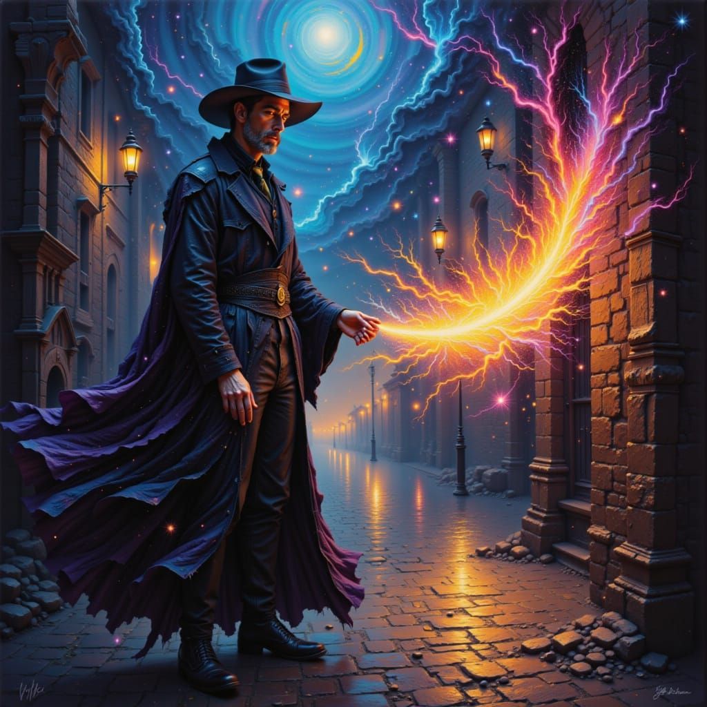 A magician lamp lighter of old Victorian city streets