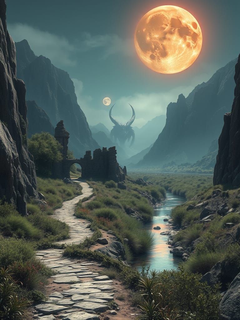 Surreal Pathway to Secluded Oasis Amidst Ancient Rocks and T...