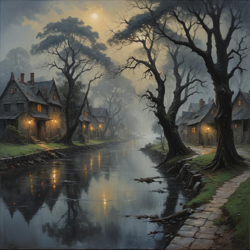 Mysterious Dark Fantasy Village Landscape as Oil Painting