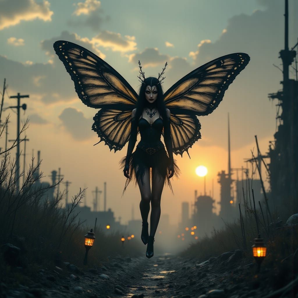 Dark Fairy Over Ruined Wasteland in Magical Realism