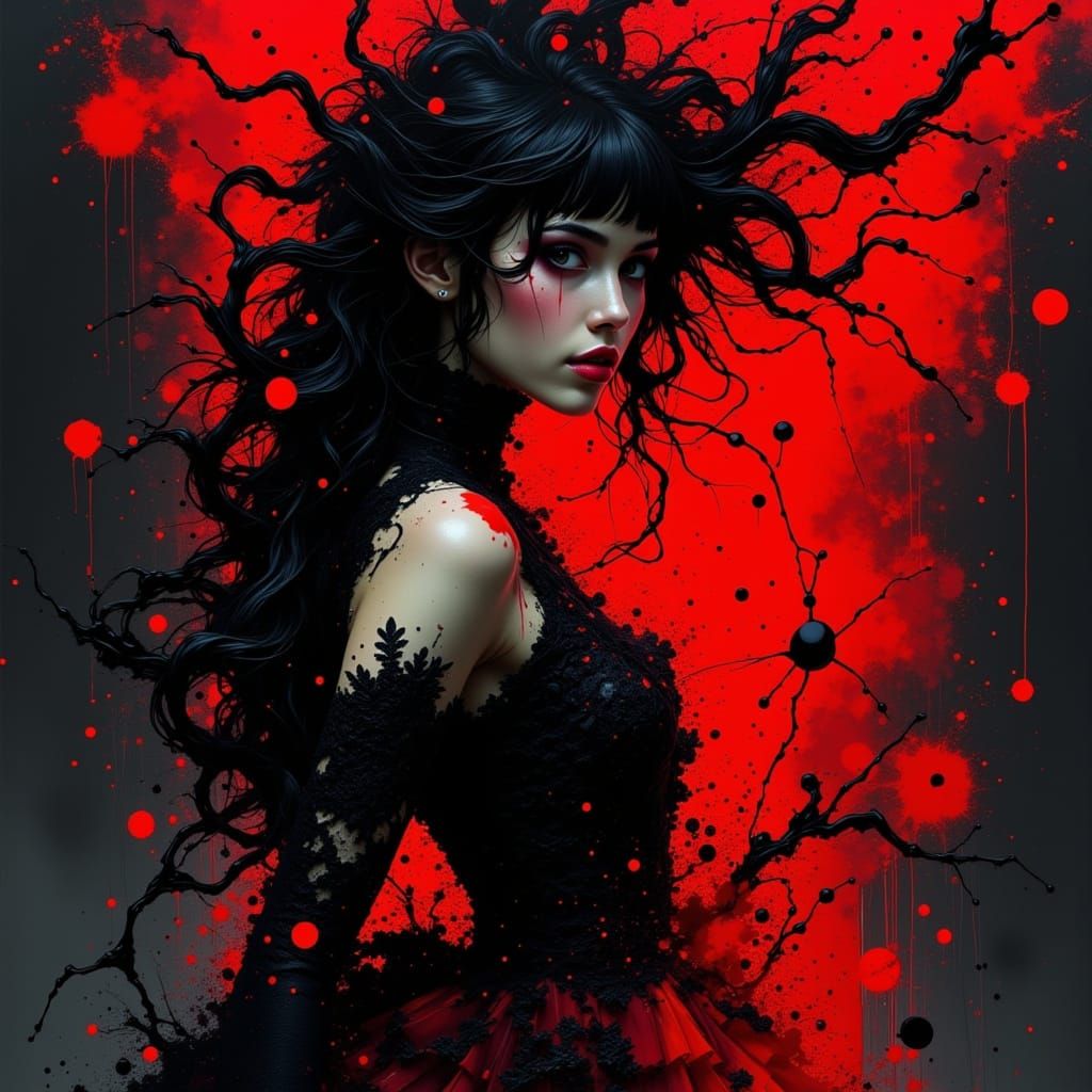 Crimson Ink Woman in Ornate Lace Gown