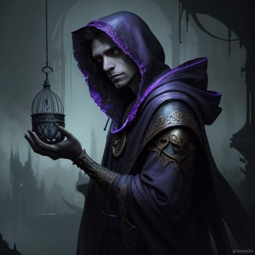 Eerie Hooded Figure with Cage, Dark Fantasy Art