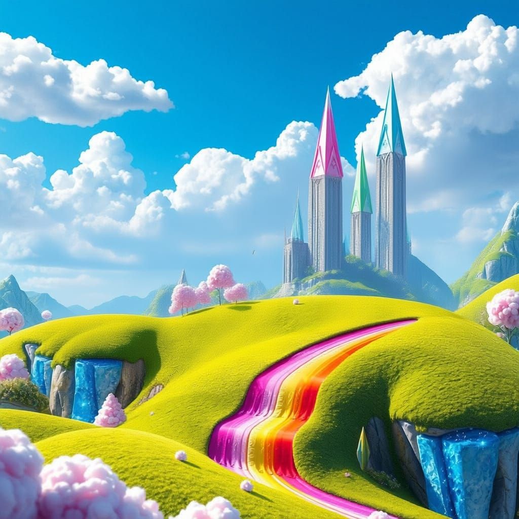 Whimsical Landscape with 3D Typography in Neon Lights