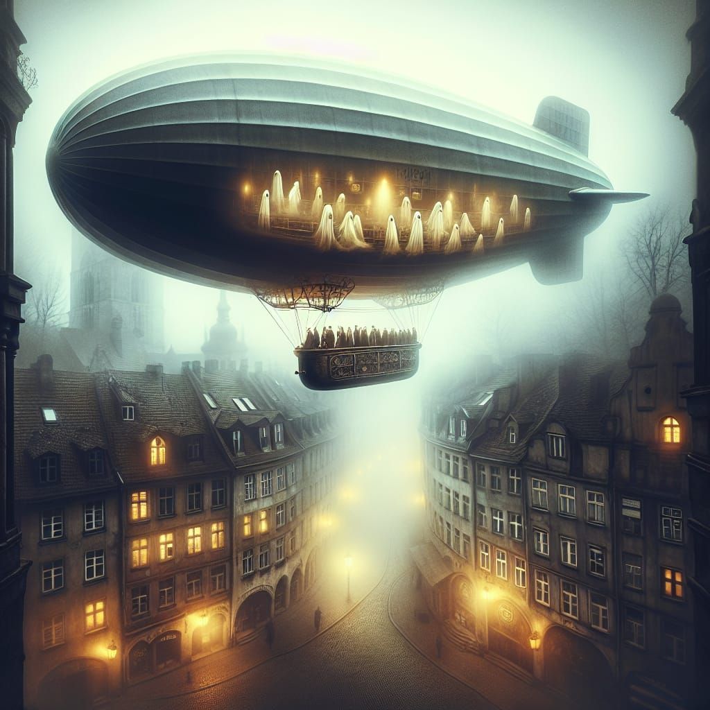 Ethereal Zeppelin Voyage Through Fog-Shrouded City