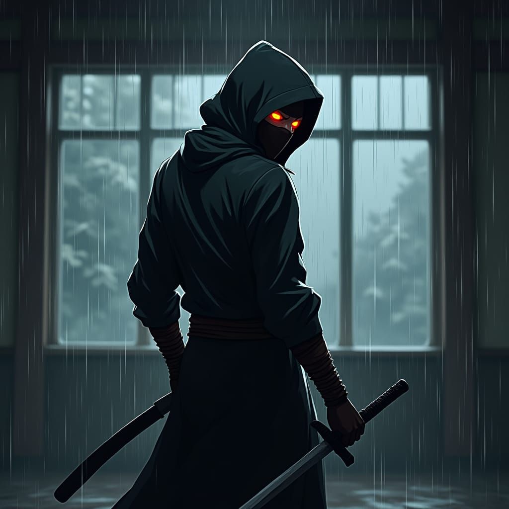 Shadow Fighter Ready for Battle in Raining Dojo