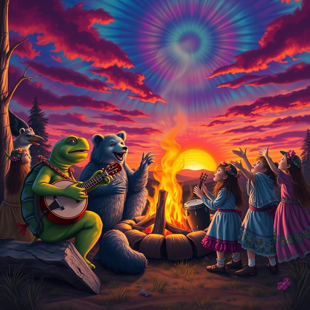 Vibrant Gathering of Happy Animals in Psychedelic Sunset