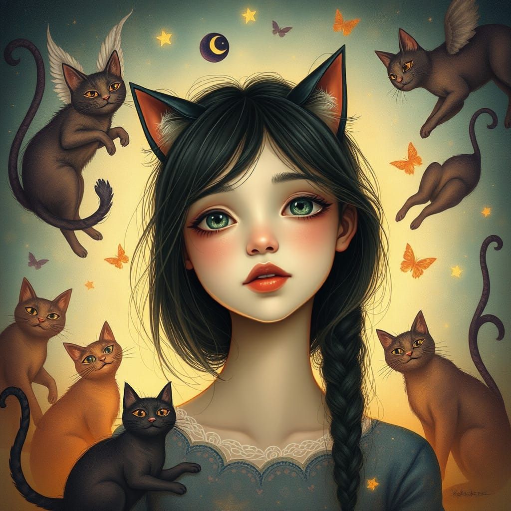 Whimsical Cat Silhouette Portrait in Dreamlike Etherscape