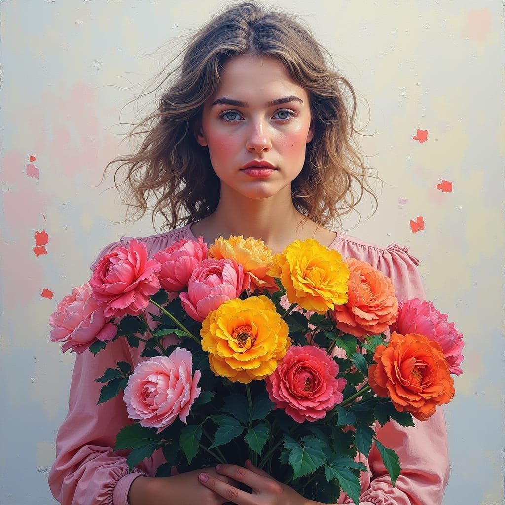 Generate an image depicting a person holding flowers in their hands, formed from scattered, vibrantly colored Tetris-lik...