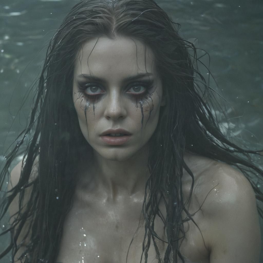 Terrifying Mermaid Woman in Dark Cinematic Style