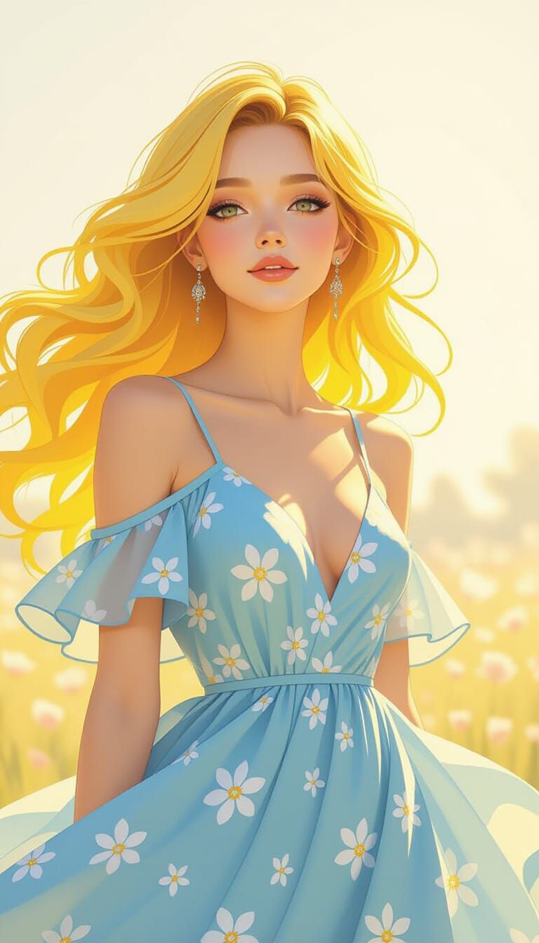 Woman with Floral Dress in Whimsical Illustration Style