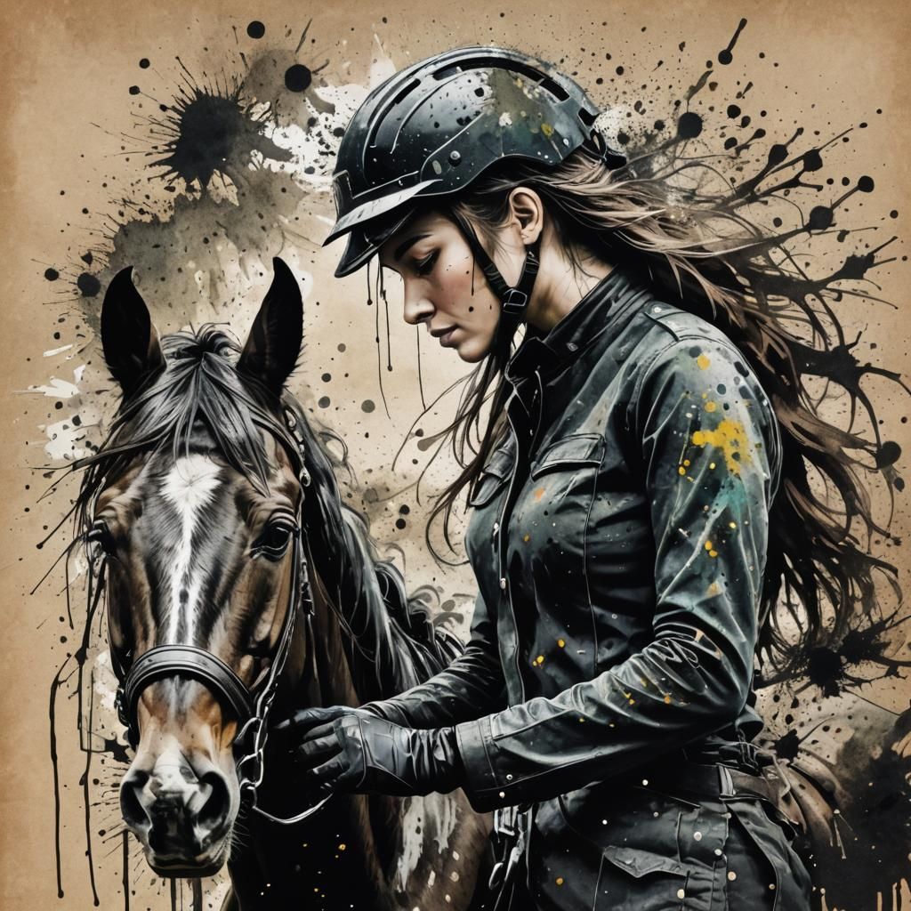 Ink Splatter Art: Horse and Girl in Profile