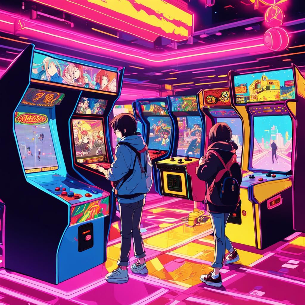Retro Anime Arcade with Neon Lights