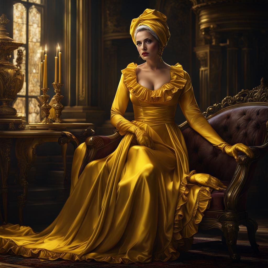 Statuesque Lady in Yellow Satin: Photorealistic Grimdark