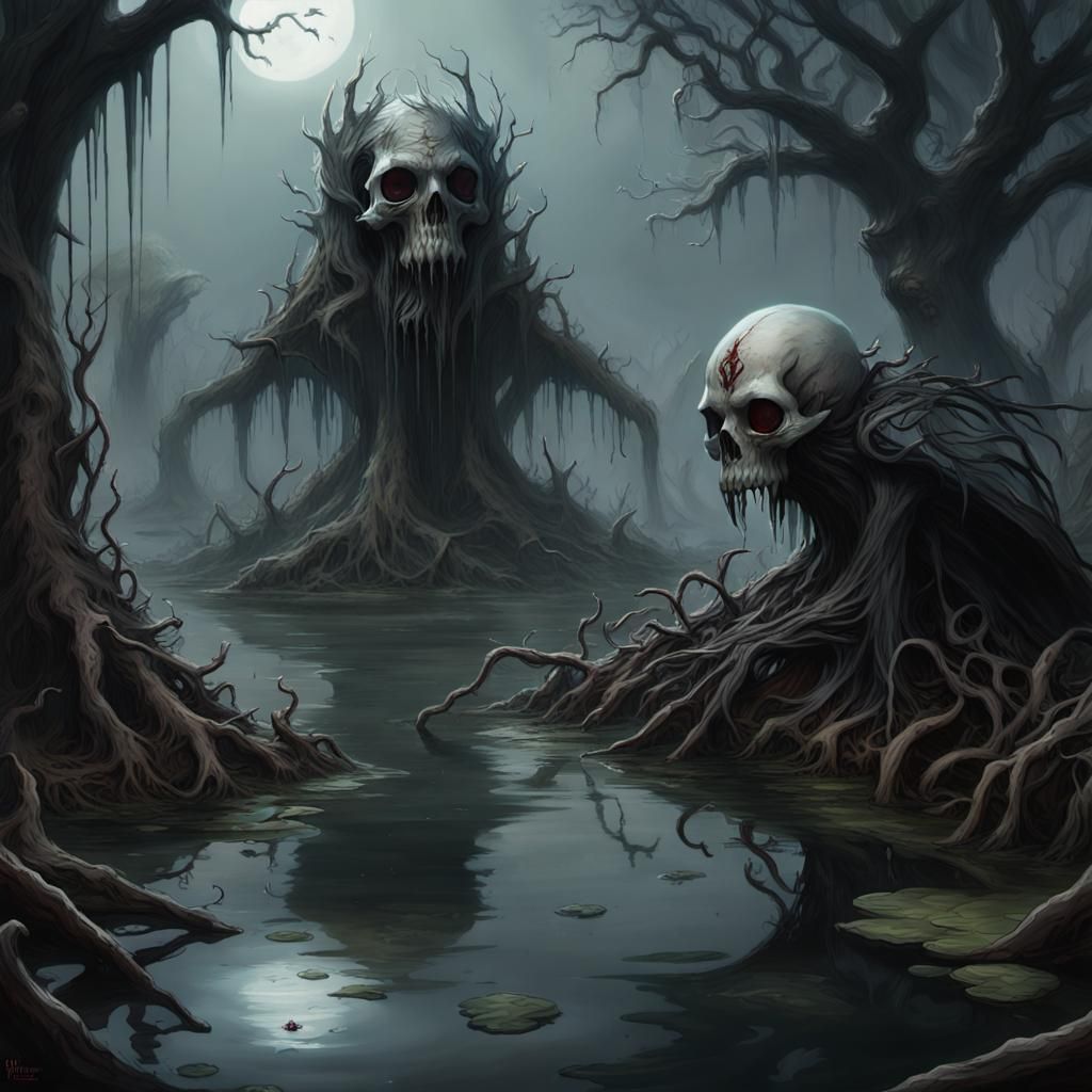 Ravenloft gothcic horror fantasy art: 2 Will o' Wisps with a skull core, hover over an acidic pool in the middle of a ha...