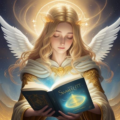 Angel Writes in Glowing Book with Starlight Quill