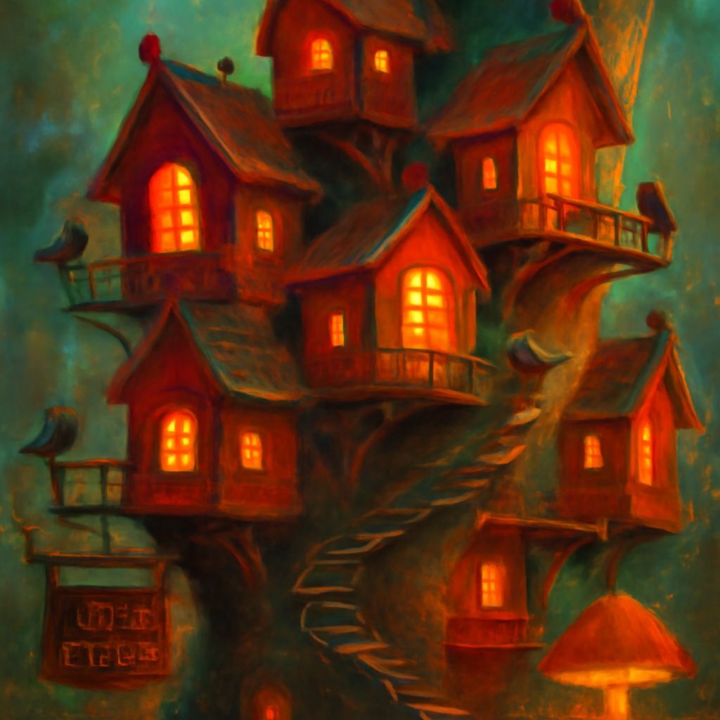 Enchanting Birdhouse Village: Medieval Fantasy Oil Painting