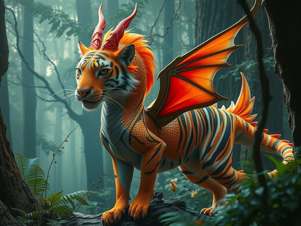 Majestic Fairy Dragon Tiger in Lush Forest Landscape