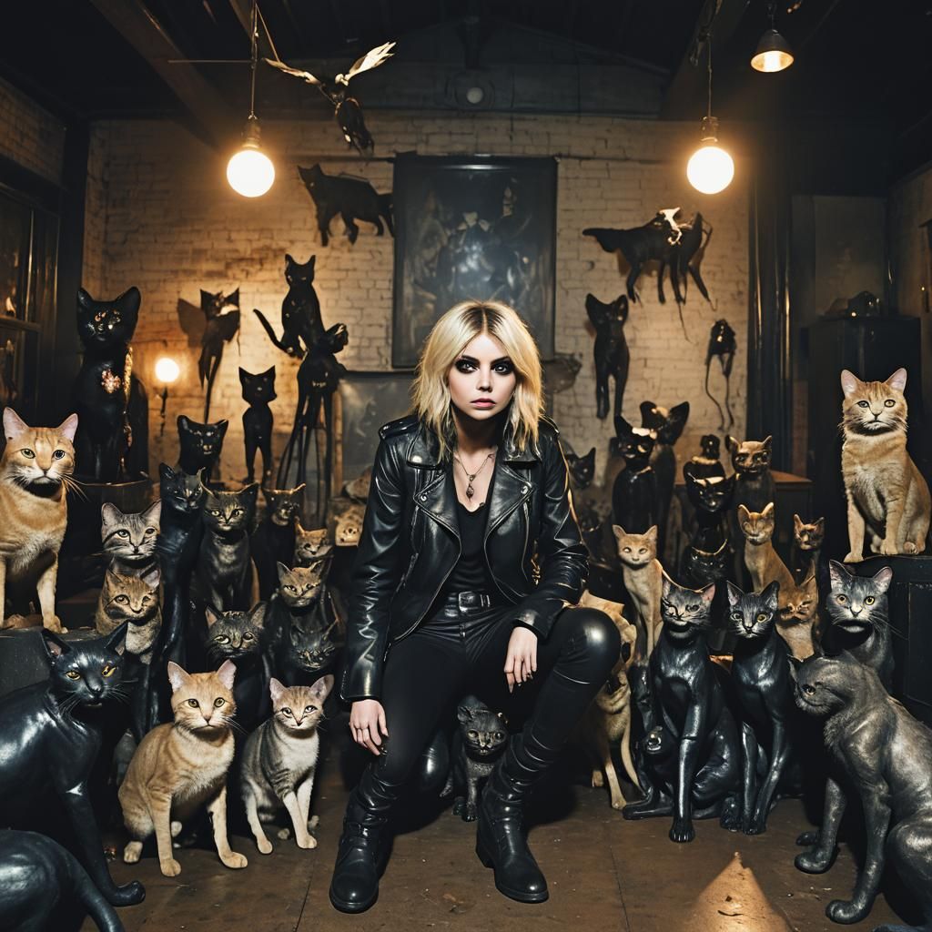 Dramatic Film Still: Woman in Leather with Cats