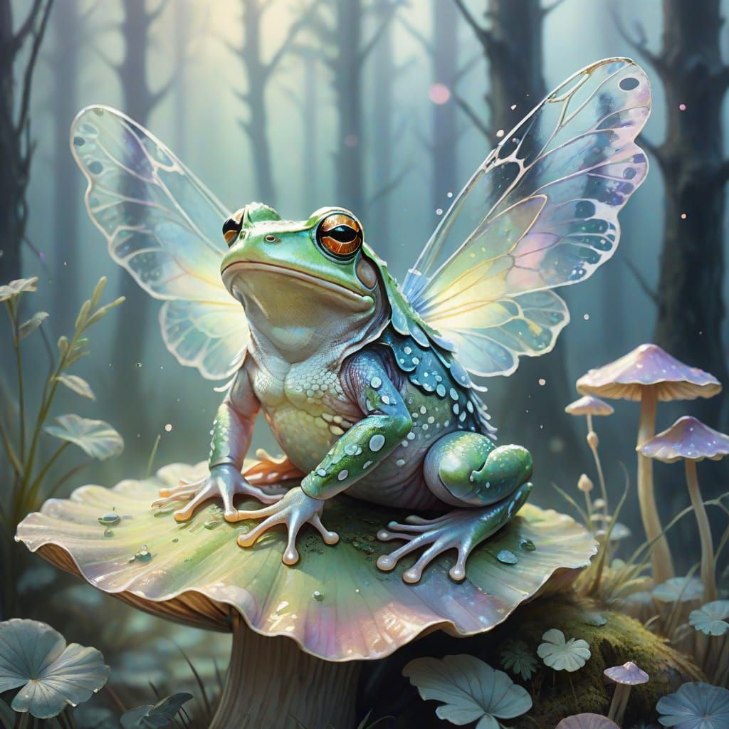 Whimsical Watercolor Fairy Frog in Misty Forest