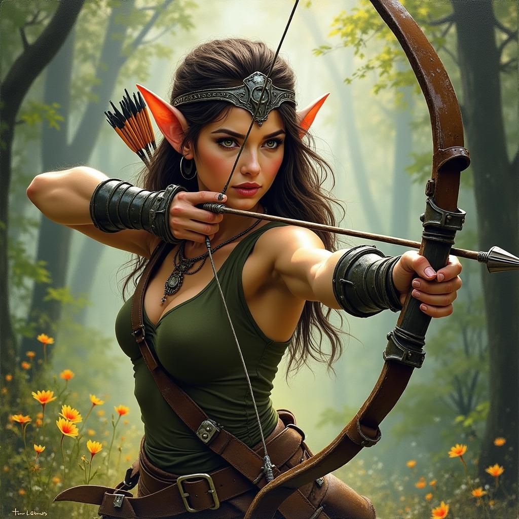 Elven Archer in Wilderness as Oil Painting