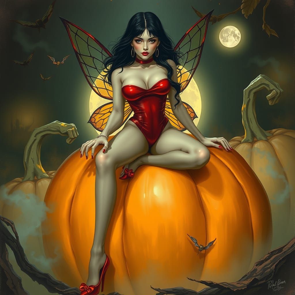Fairy on Moonlit Pumpkin in Gothic Fantasy Style