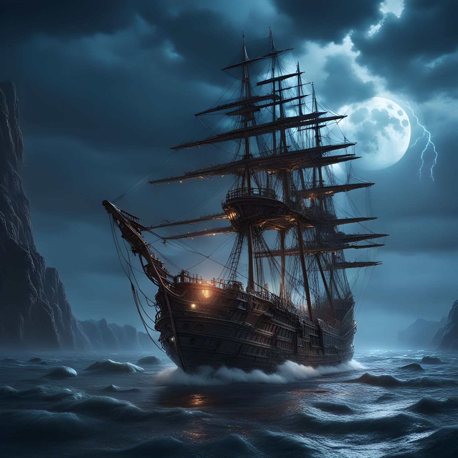 Ghost Ship in Moonlit Storm: Fantasy Concept Art