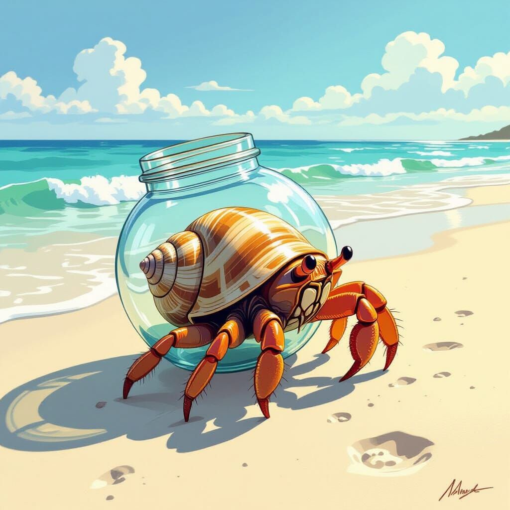 Hermit Crab in Glass Jar Walks Towards the Ocean
