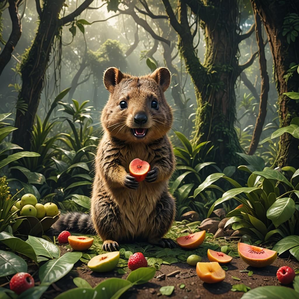 A cute Quokka eating a piece of fruit in a  jungle