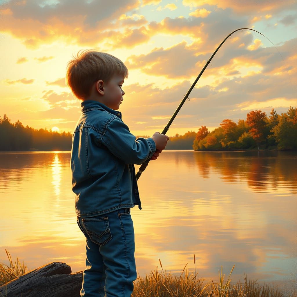 Boy Fishing at Sunset in Rustic Realist Style