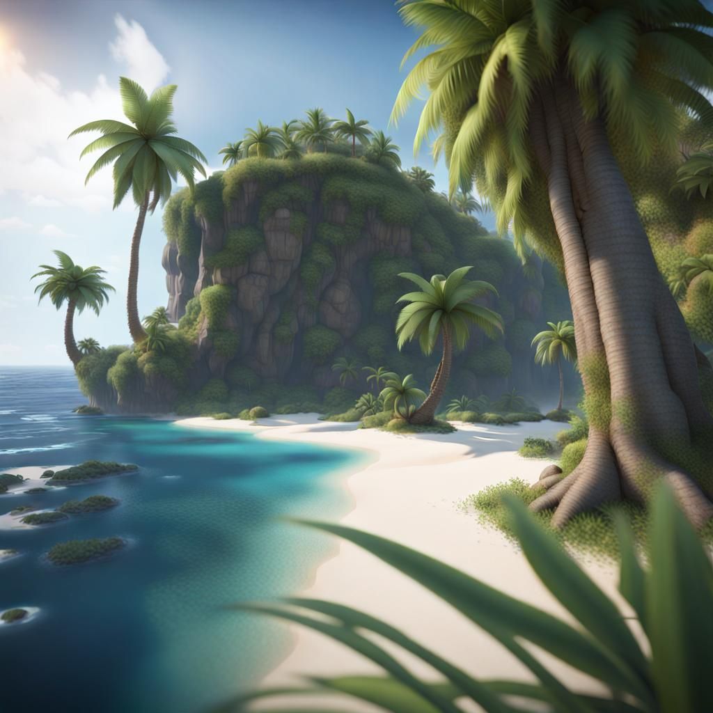 Island Oasis in Ocean: Hyperdetailed Photorealism