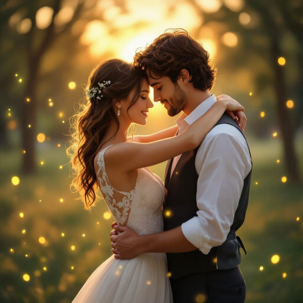 Romantic Couple Embracing at Sunset in Magical Park